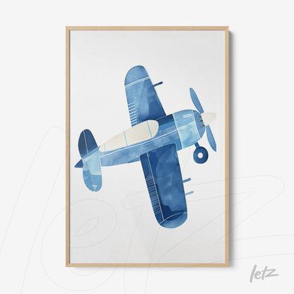 framed wall art featuring a top view illustration of a blue airplane in light frame
