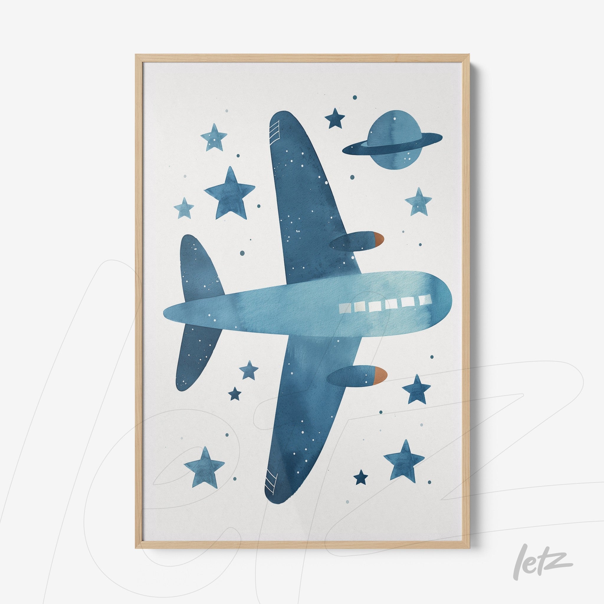framed watercolor illustration of a blue airplane flying through a starry sky with planet, featuring a light wood frame