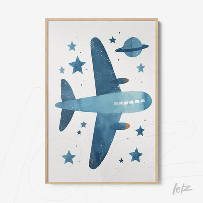 framed watercolor illustration of a blue airplane flying through a starry sky with planet, featuring a light wood frame