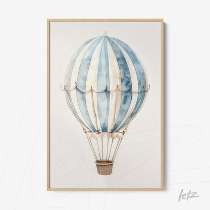 framed artwork of a hot air balloon in blue and white stripes with a light wood frame
