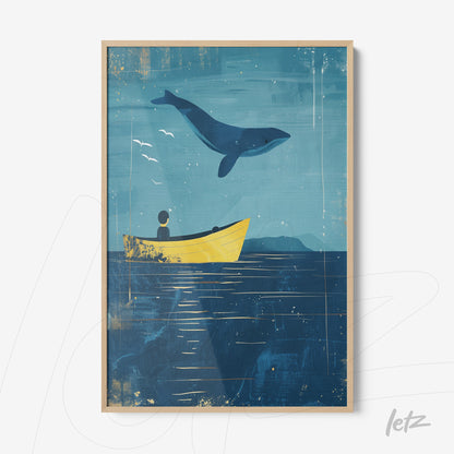 framed artwork depicting a boy in a yellow boat watching a whale jumping against a deep blue background