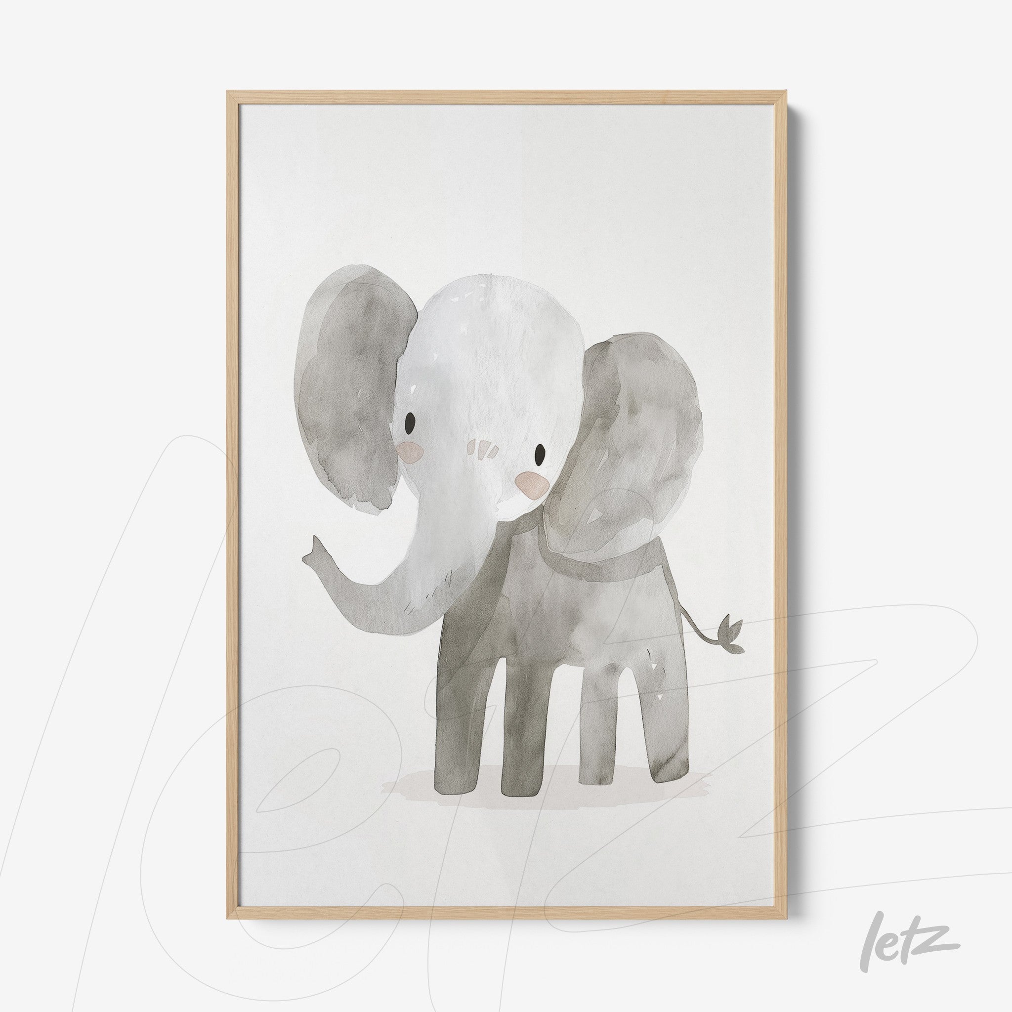 watercolor wall art of an elephant in a light wood frame