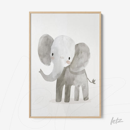 watercolor wall art of an elephant in a light wood frame