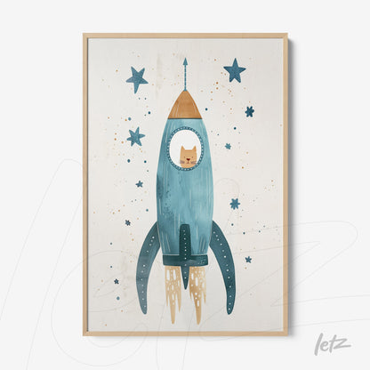 framed artwork featuring a blue rocket with a cat in the window against a light background sprinkled with stars