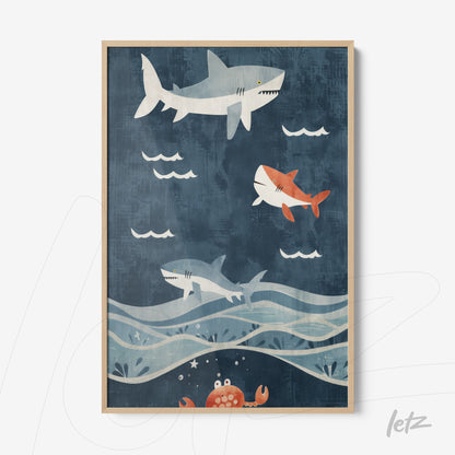 framed wall art featuring illustrations of sharks swimming in a dark blue background with waves and a crab at the bottom with a light wood frame