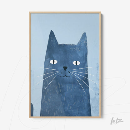 framed art of a blue cat illustration on a light background with a light wood frame
