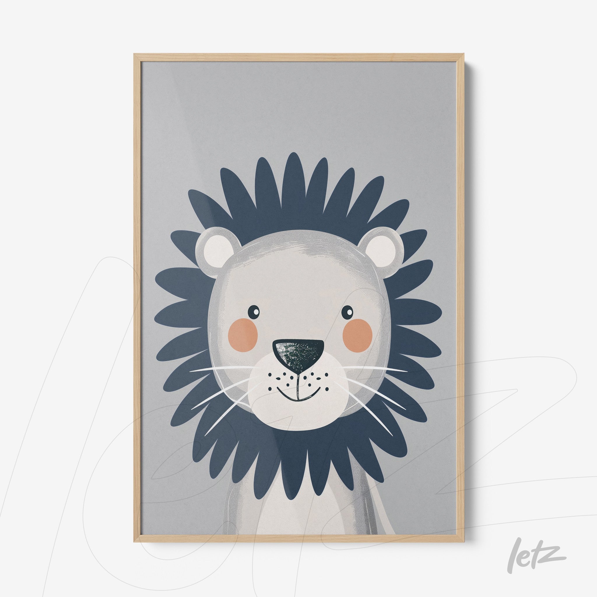 framed art print of a cheerful lion illustration with light wood frame on gray background