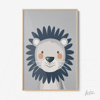 framed art print of a cheerful lion illustration with light wood frame on gray background