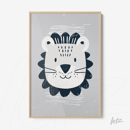 framed wall art featuring a lion illustration on gray background with light wood frame