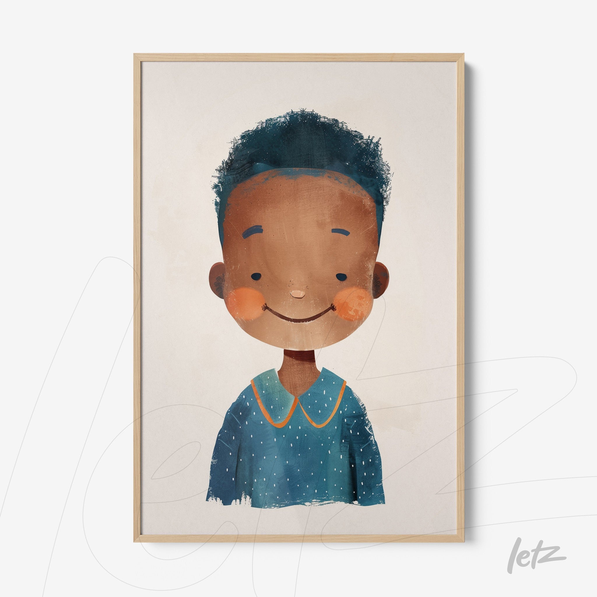 art print featuring a cheerful illustration of a smiling boy with curly hair and a blue shirt, framed in light wood