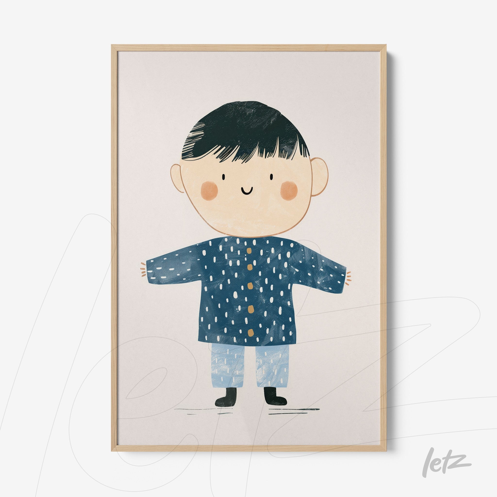 framed artwork featuring a cheerful boy illustration wearing a blue jacket with white dots