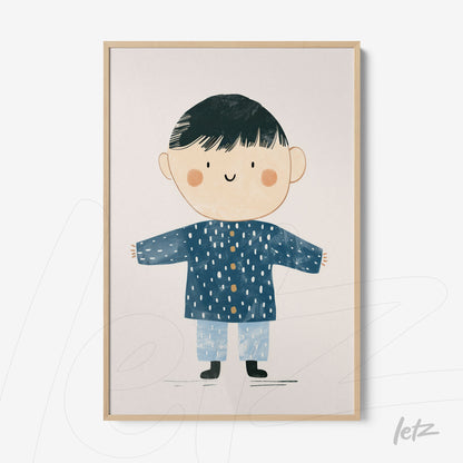 framed artwork featuring a cheerful boy illustration wearing a blue jacket with white dots