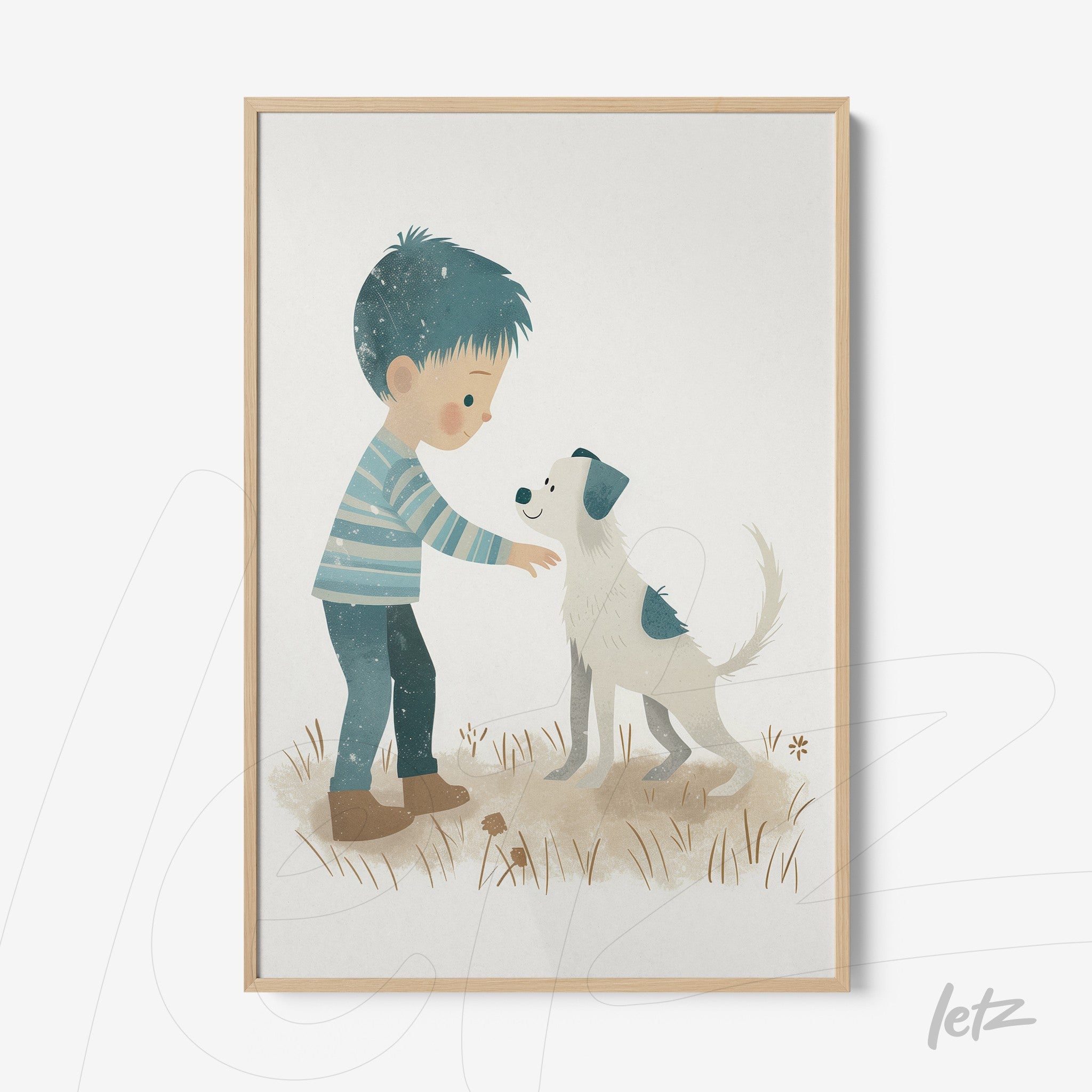 framed art featuring a boy interacting with a dog in light wood frame