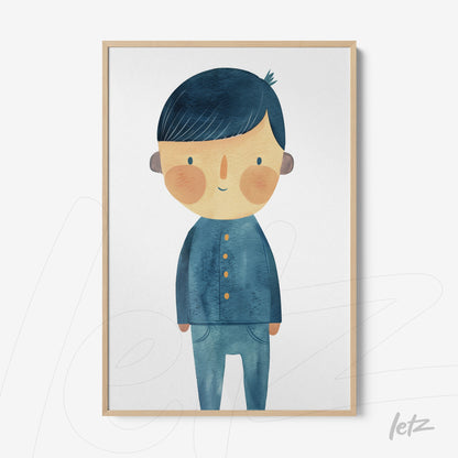 children's wall art featuring a cheerful boy illustration with light wood frame