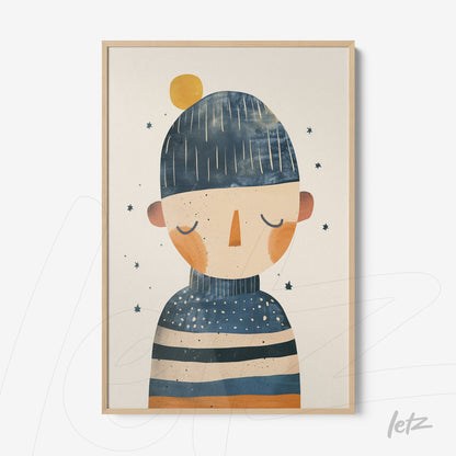framed wall art depicting a childlike character wearing a blue hat and colorful stripes