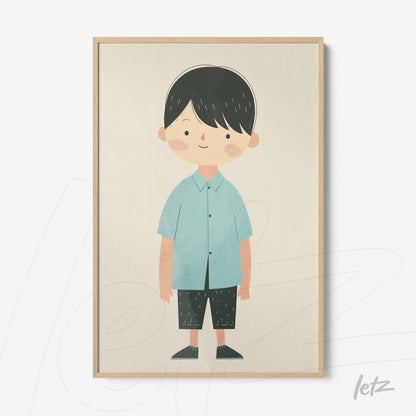 framed wall art featuring a smiling boy in blue and black outfit with light wood frame