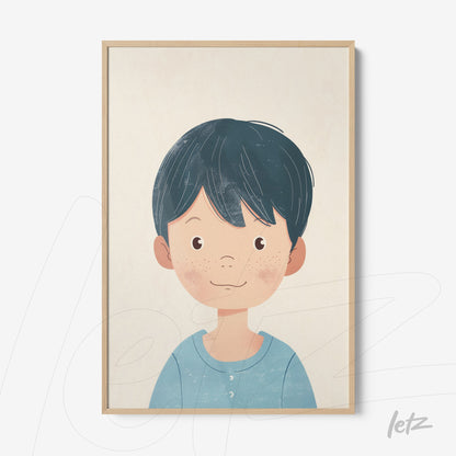 illustrated portrait of a boy with dark straight hair in light wooden frame