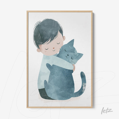 framed artwork featuring a gentle illustration of a boy hugging a gray cat with a light frame