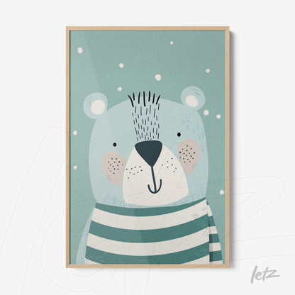 wall art featuring a cute bear illustration on a light blue background with snowflakes