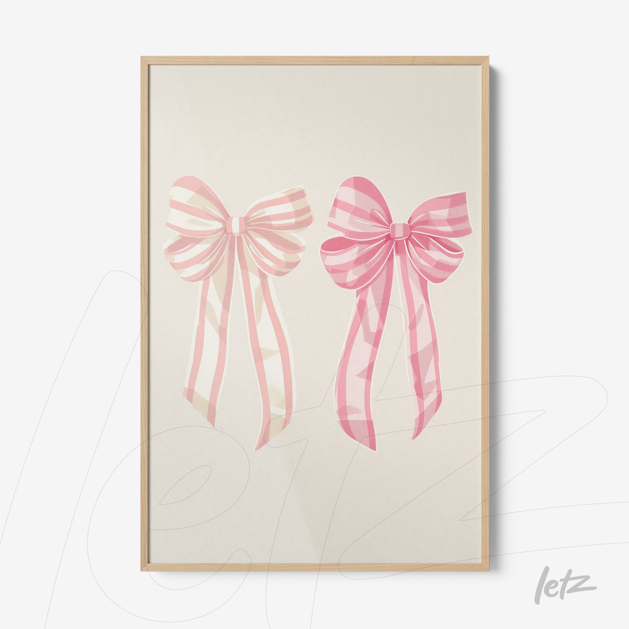framed artwork featuring pink ribbon illustrations with a light frame