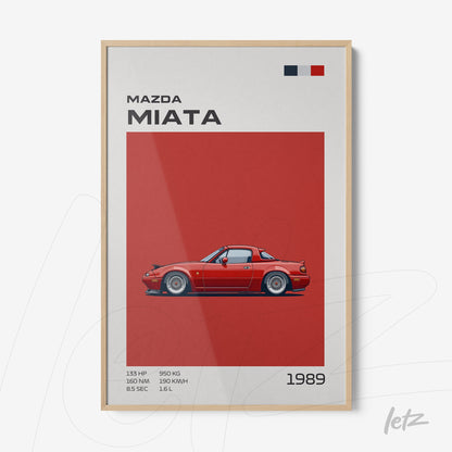 framed wall art featuring a red Mazda Miata sports car illustration on a red background with a light frame