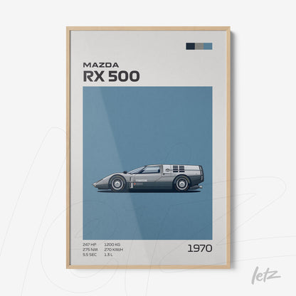 framed artwork of Mazda RX 500 illustration with light wood frame against blue background