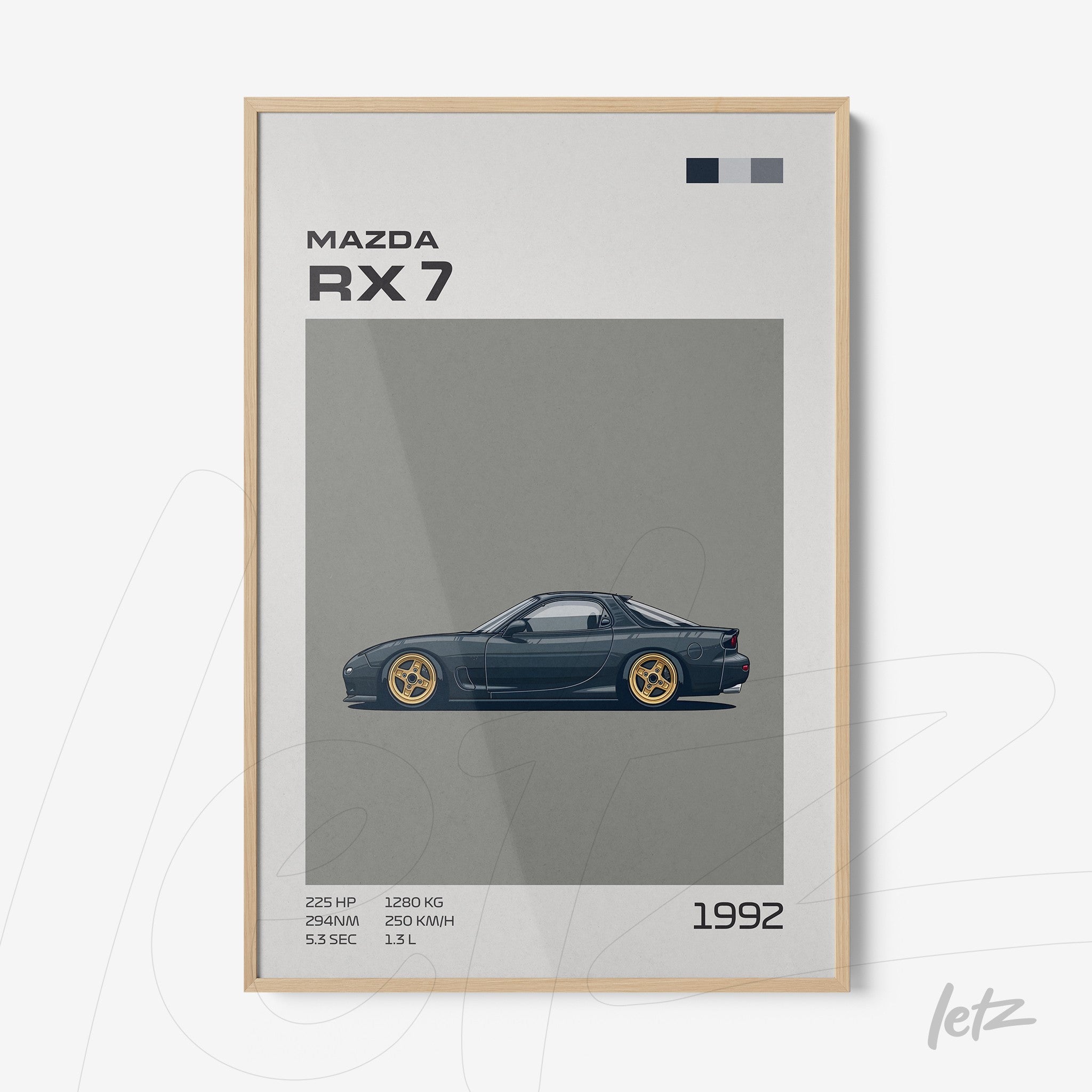 framed minimalist art of Mazda RX-7 car with light wood frame