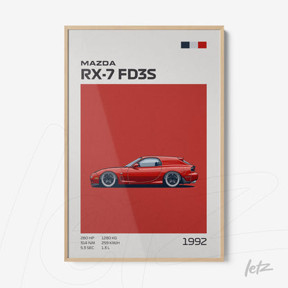 framed wall art featuring the mazda rx-7 fd3s illustration on a red background with technical specifications beside it
