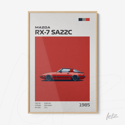 framed artwork featuring a stylized illustration of Mazda RX-7 SA22C on red background with light wood frame