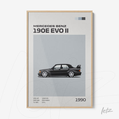 framed art with illustration of Mercedes Benz 190E EVO II car, gray background with text details