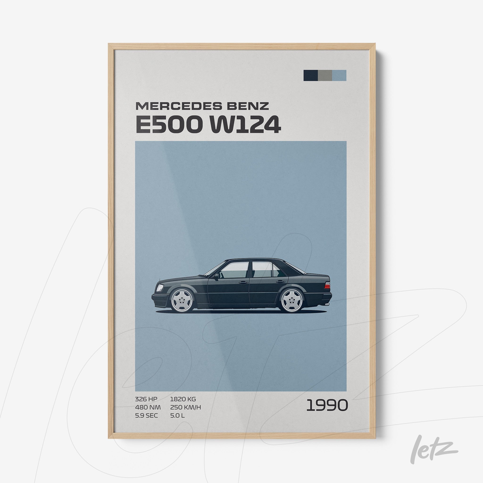 minimalist wall art featuring Mercedes Benz E500 W124 car in light wood frame
