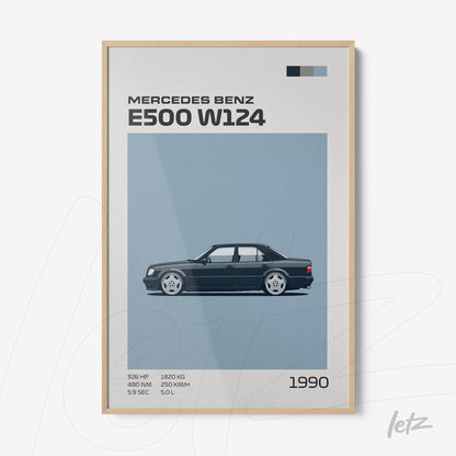 minimalist wall art featuring Mercedes Benz E500 W124 car in light wood frame