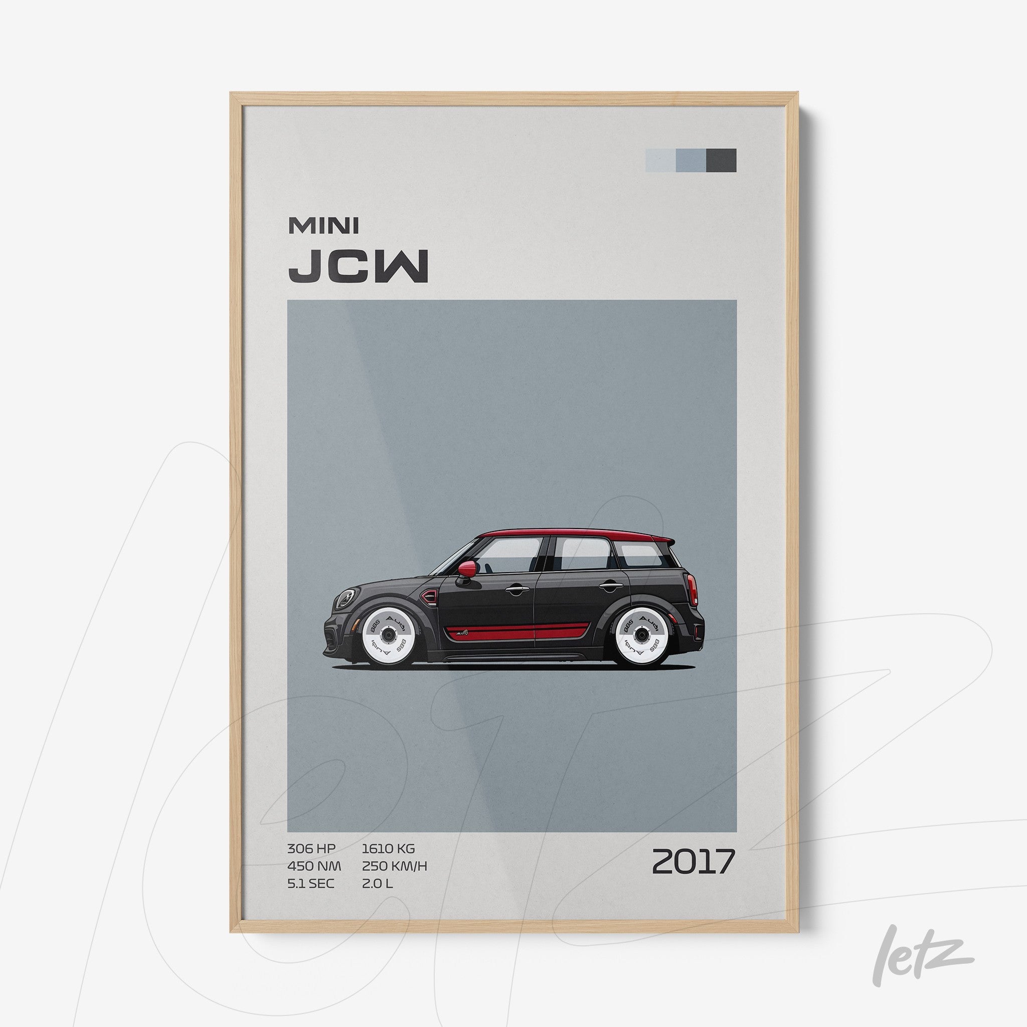 framed art of a mini john cooper works car illustration against a gray background with a light frame