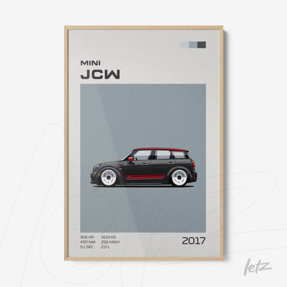 framed art of a mini john cooper works car illustration against a gray background with a light frame