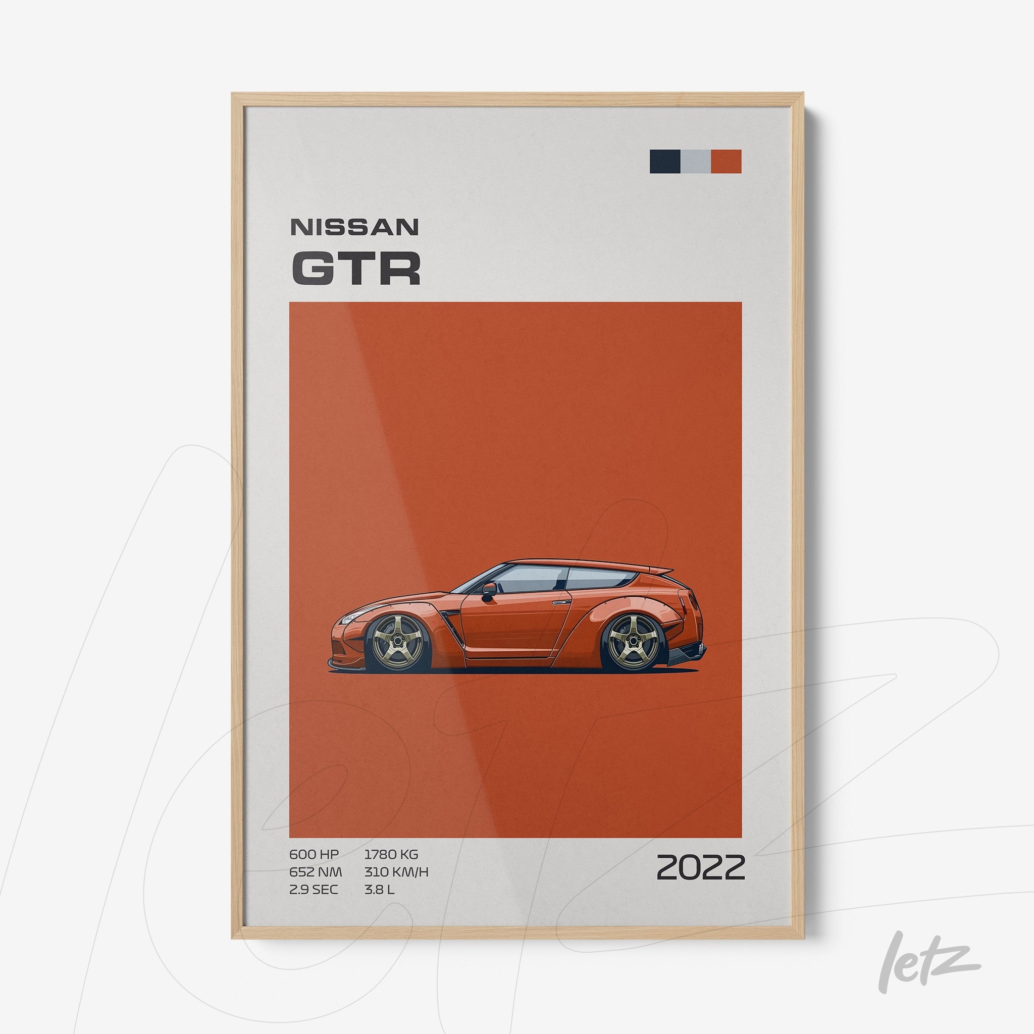 framed digital art of a Nissan GTR sports car on an orange background with a natural wood frame