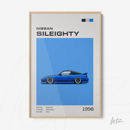 framed wall art featuring an illustration of the Nissan Sil80 on a vibrant blue background with a light wood frame