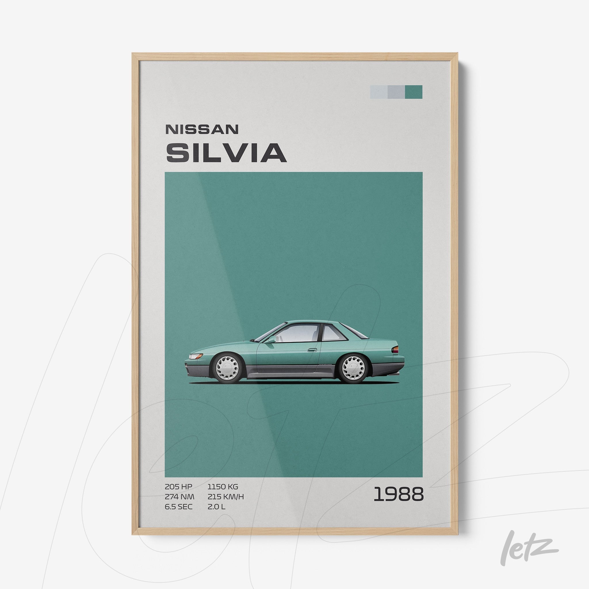 minimalist framed art of 1988 Nissan Silvia automobile with light wooden frame