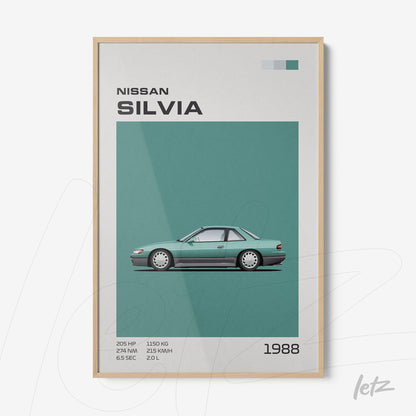 minimalist framed art of 1988 Nissan Silvia automobile with light wooden frame