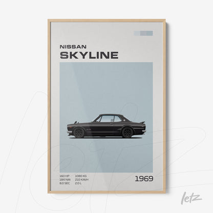 framed artwork featuring a minimalist illustration of the 1969 Nissan Skyline with a light wood frame