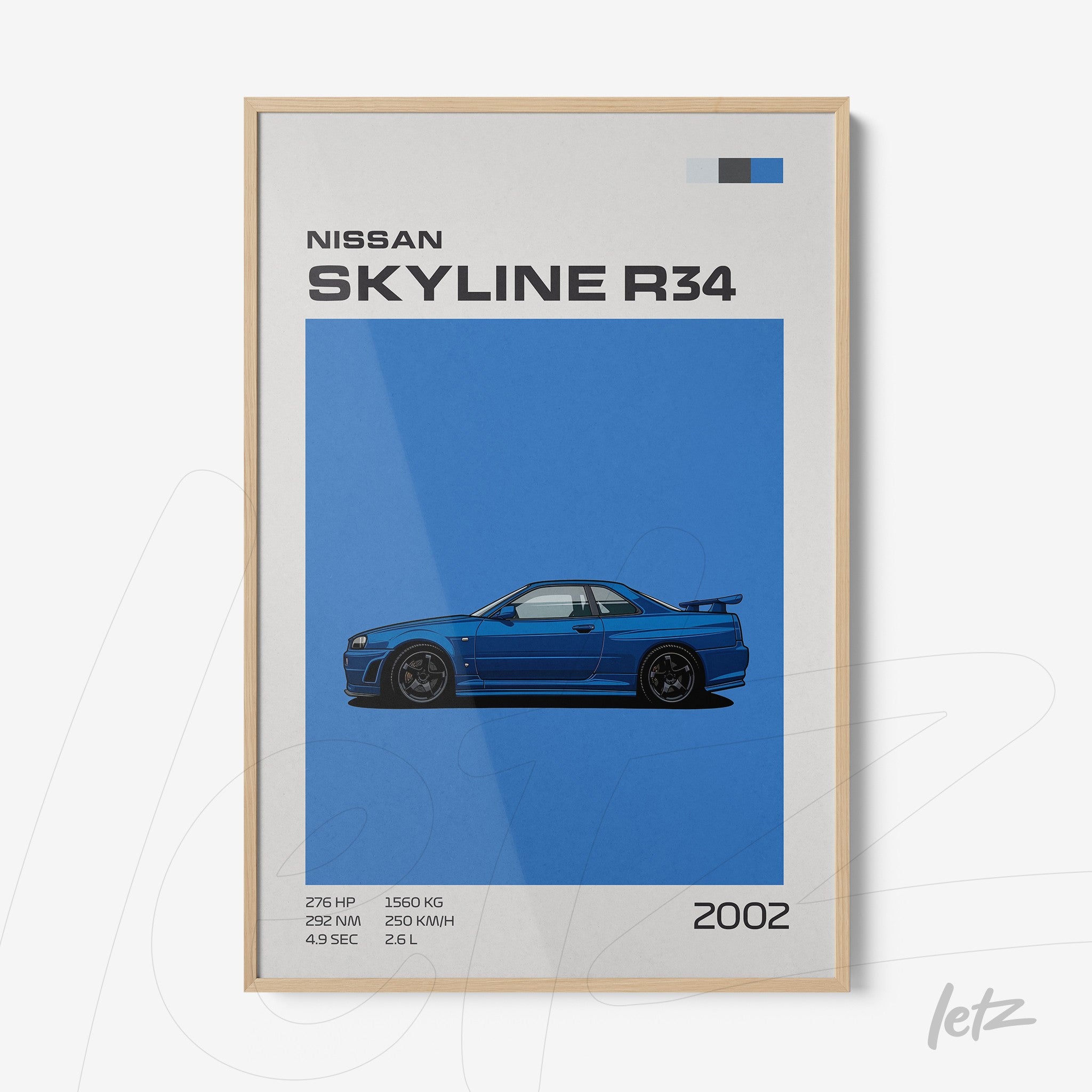 framed digital art of Nissan Skyline R34 car in light wood frame with blue background