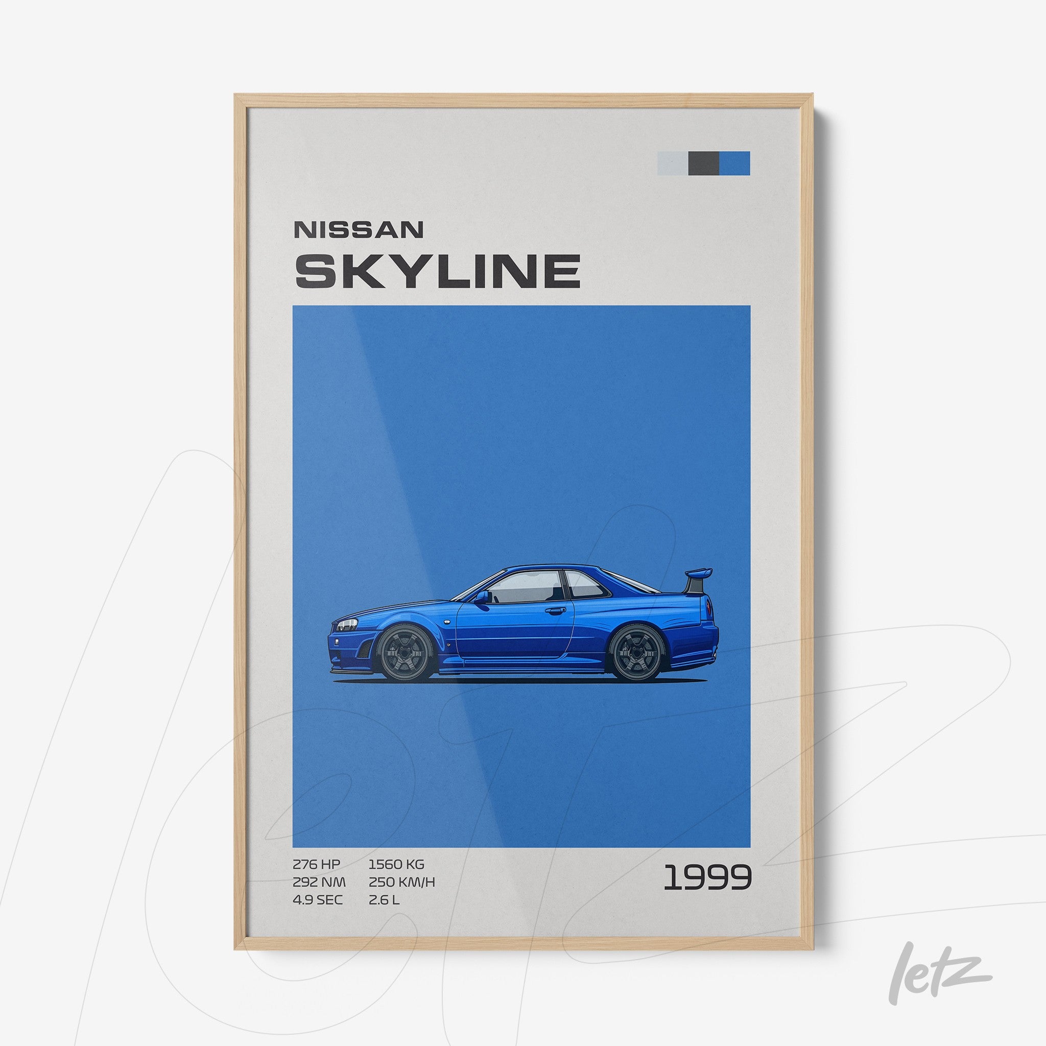 framed digital art of the 1999 Nissan Skyline in natural wood frame