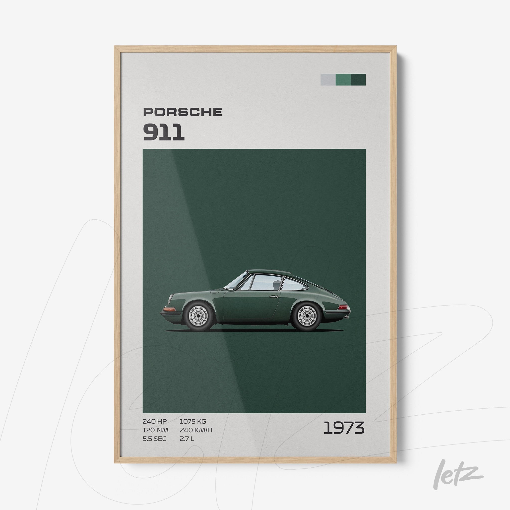 framed art print featuring illustration of 1973 Porsche 911 in green background with light wood frame