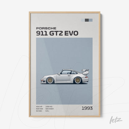framed wall art featuring an illustration of the Porsche 911 GT2 Evo with a light wood frame