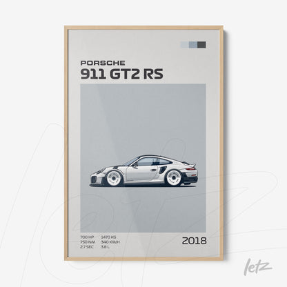 framed artwork featuring a minimalist illustration of Porsche 911 GT2 RS in light wood frame