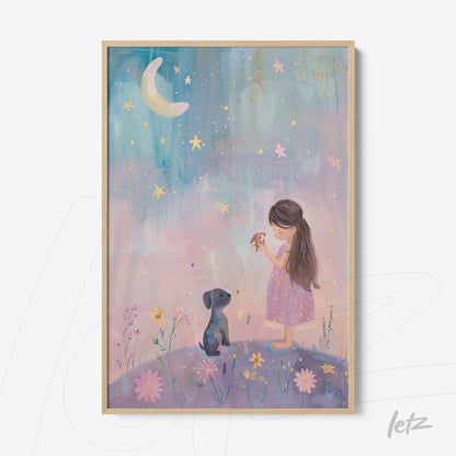 framed children's artwork of a girl in a pink dress holding a bird with a night sky and dog beside her, light wood frame