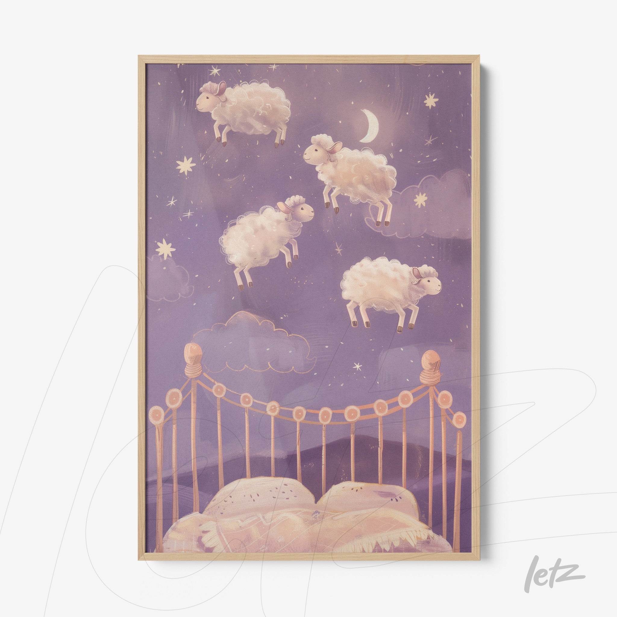 framed artwork of floating sheep above a starry sky with light wood frame