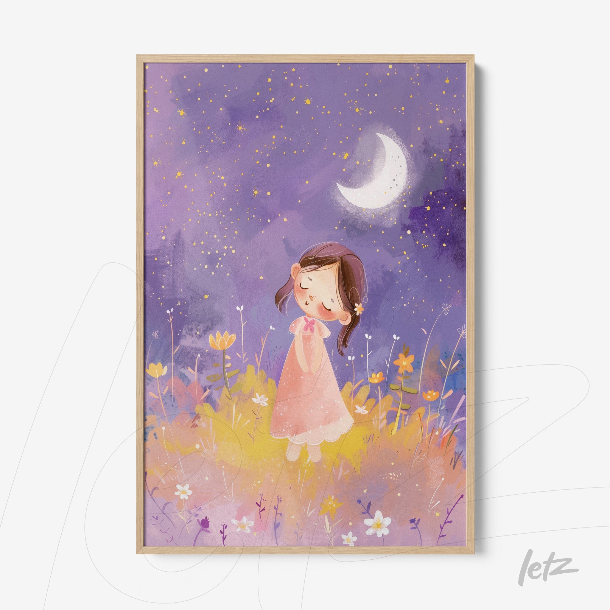 framed artwork featuring a tender illustration of a girl surrounded by flowers under a starry sky with a crescent moon, light wood frame