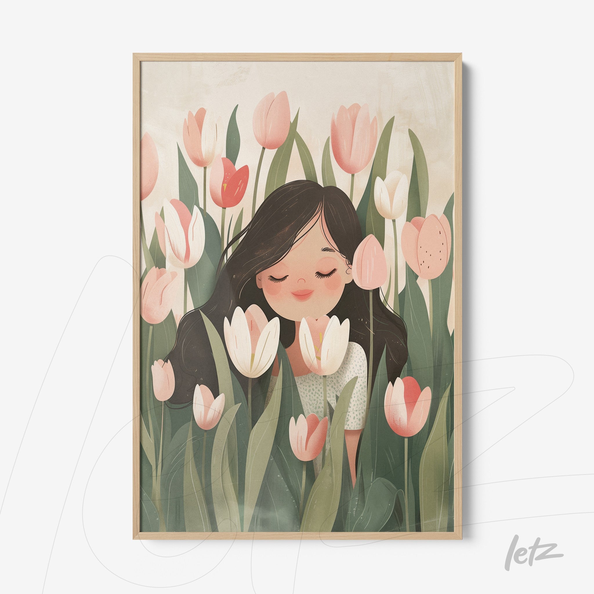 framed art featuring a smiling woman surrounded by tulips in soft colors