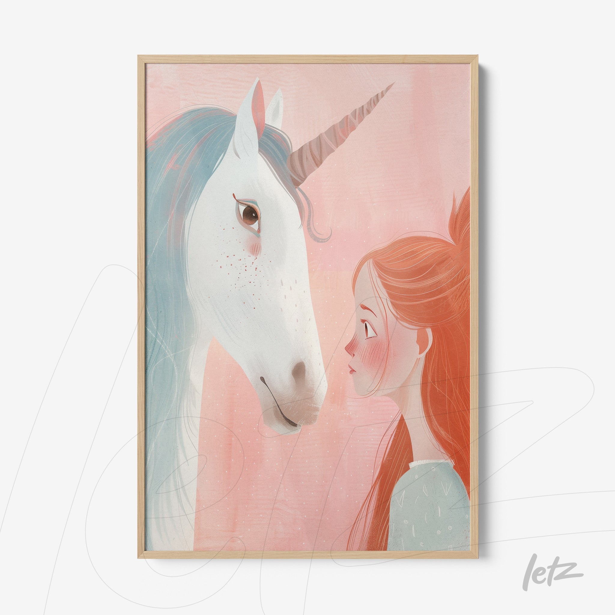 framed artwork featuring a girl and a unicorn with a light wood frame