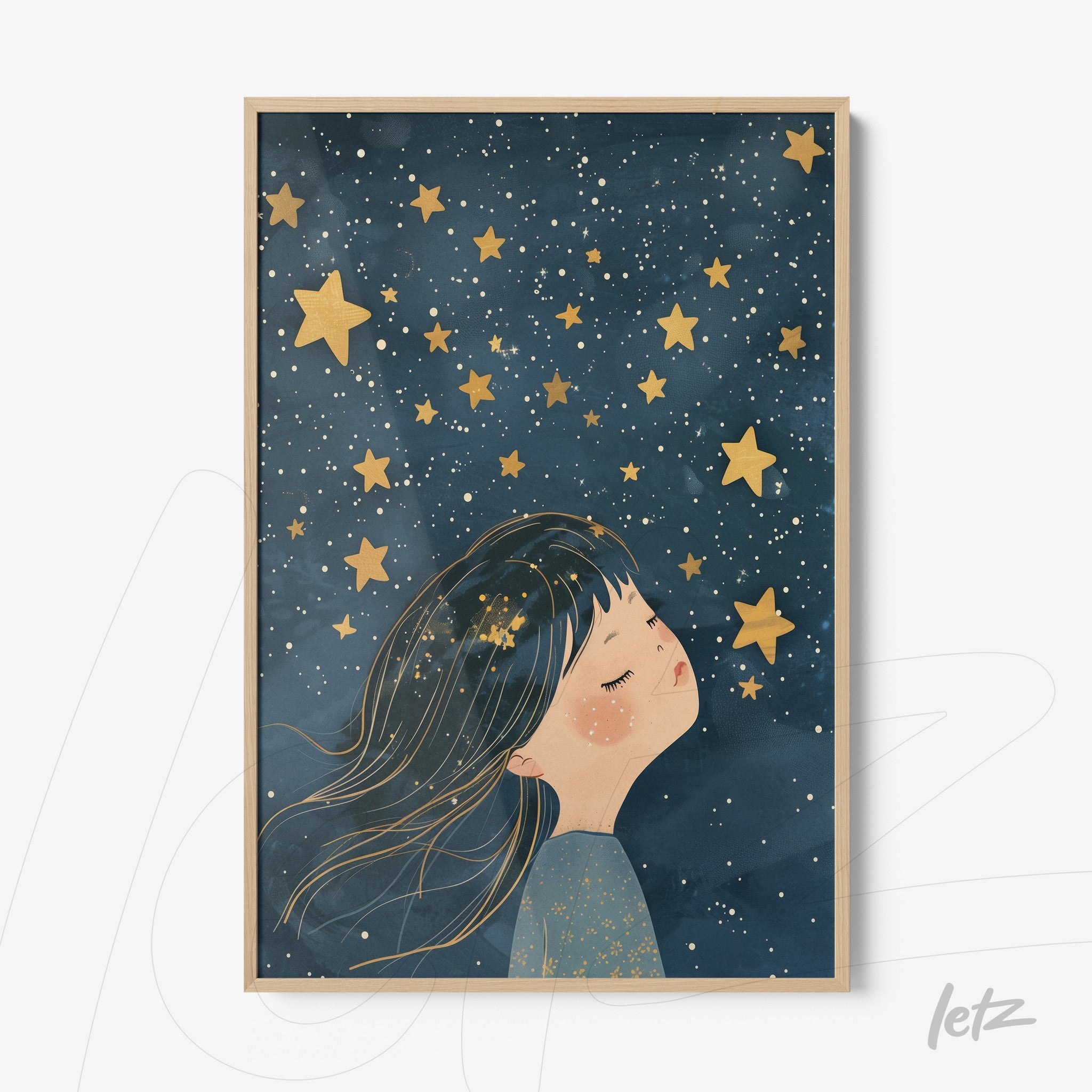 framed art print of a girl dreaming under a starry sky with golden stars